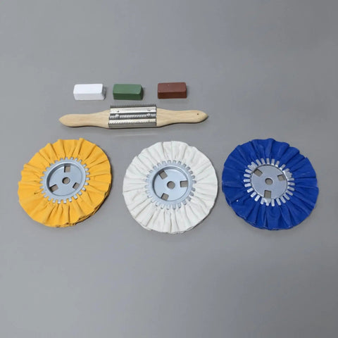 Get That Mirror Shine With These 3 Piece Cloth Polishing Wheels For Bench Mounted Metalworks Plus Buffing Agent For Surface Grinding And Smooth Finish. Set includes yellow, white, and blue wheels.
