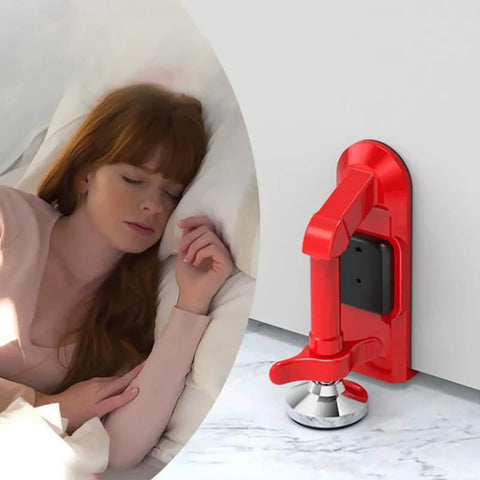 Keep Your Spot Locked Up Tight With This Built Tough Portable Door Jammer Stopper And Travel Anti Theft Blocker by a sleeping woman.