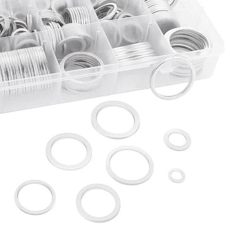 Premium Aluminum Crush Washer Kit With 570 Pieces In 18 Sizes From M6 To M24 showing various washers in a plastic box
