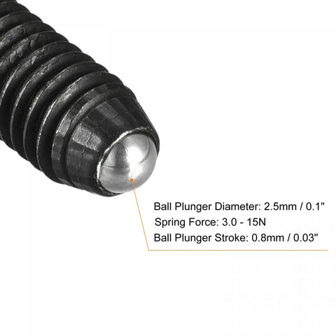 Close-up of Top Notch Ball Point Set Screws 5 Pcs M4 X 10Mm High Carbon Steel Hex Socket Grub Screws with spring loaded plunger.