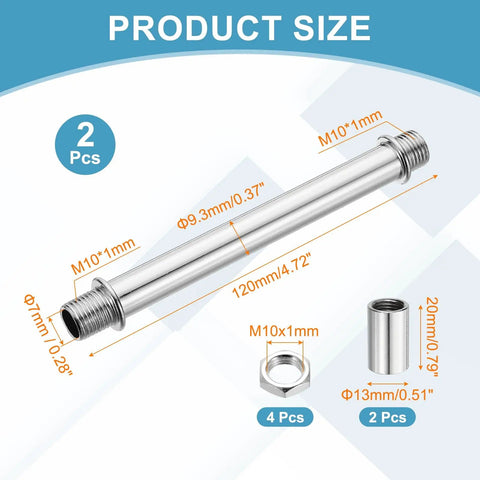 2 Piece Chrome Lamp Stem Rod Kit Featuring 120mm Straight Extensions With Secure M10 Double Thread and durable carbon steel components.