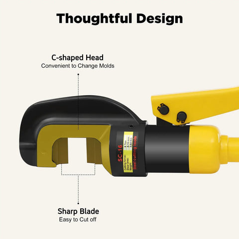 Close-up of C-shaped head and blade of 8 Ton Hydraulic Rebar Cutter With Case Portable Steel Bar Cutter For Construction Cuts Rebar