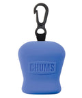 Blue CHUMS lens cloth pouch with embossed CHUMS logo and black carabiner clip (front view)