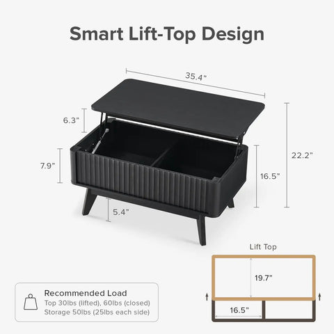 Top Shelf Modern Lift Top Coffee Table With Sleek Fluted Paneling And A Game Changing Pull Up Desktop Plus Hidden Storage Compartment In Durable Black Oak Finish, 35.4x19.7x16.5 inches design.