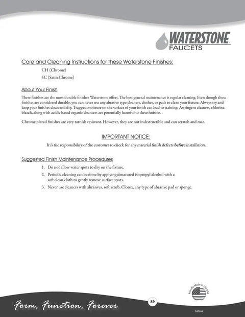 Care and cleaning instructions for Waterstone faucets finishes, detailing maintenance tips and warnings.