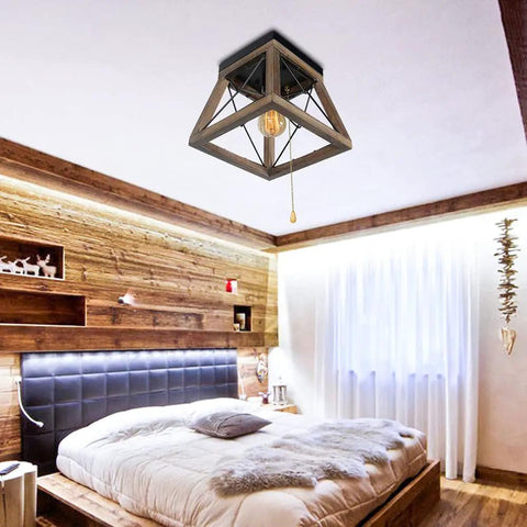 Rustic Wood Farmhouse Ceiling Light With Pull Chain 1 Light Small Square Black Flush Mount in cozy bedroom setting