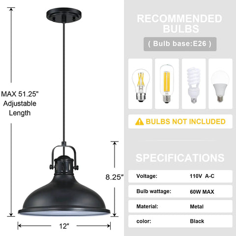 Three Pack Industrial Pendant Lights Black Metal Finish, Vintage Chandelier Ceiling Lamps for Kitchen Island, dimensions