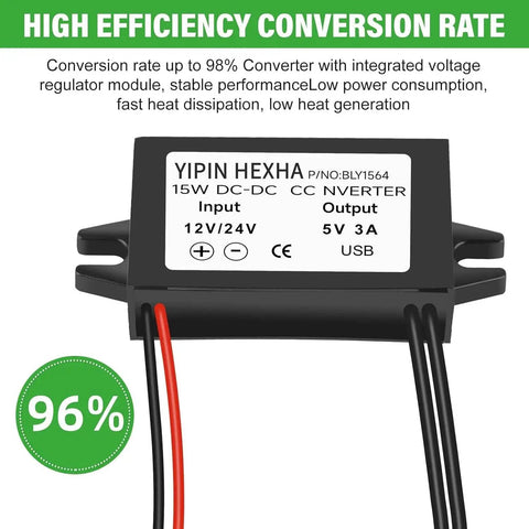 Front view of 10-32V DC To 5V USB Buck Converter Module, 3A 15W Power Adapter For Cars And DIY Projects with efficiency label.