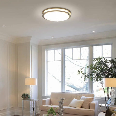18 Inch LED Flush Mount Ceiling Light In Satin Nickel, Round Fixture in living room with dimmable dual ring design