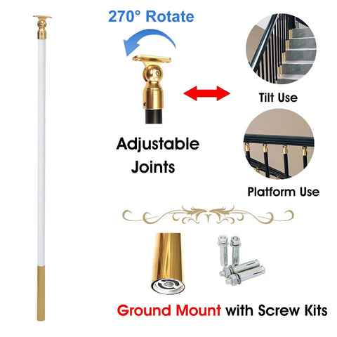 No Sweat Adjustable Round Deck Balusters 37.4 Inch 50 Piece Kit with 270 Degree Pivoting Brackets, showing adjustable joint and ground mount.