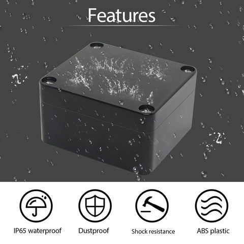 Solid Game Changer IP65 Waterproof Dustproof ABS Plastic Project Box For Outdoor Electronics And DIY Projects Heavy Duty Black Junction Enclosure Ready To Rig Up Pack Of Two shown with water droplets for weatherproof demonstration.