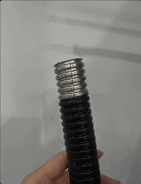 Heavy Duty Flexible Metal Conduit Corrugated Electrical Hose With Pvc Coated Wire Protection Tube One Hundred Meter Roll close-up of metal and PVC parts.