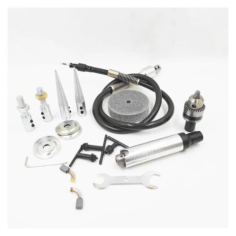 Hardcore 800W Bench Grinder Featuring Stepless Speed Adjustment And Flexible Shaft Grip with various grinding attachments and tools.