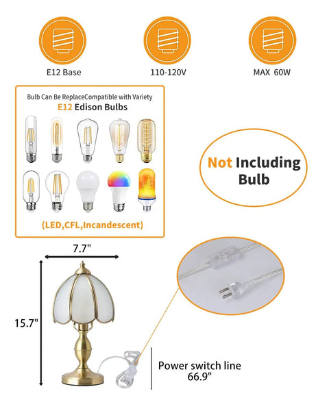 Retro Mushroom Table Lamp with frosted glass shade and brass base, E12 socket, 7.7 in x 15.7 in, no bulb included