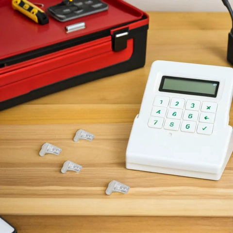 Four versatile claw design terminals next to a white electronic device on a wooden surface, with a red toolbox in the background.