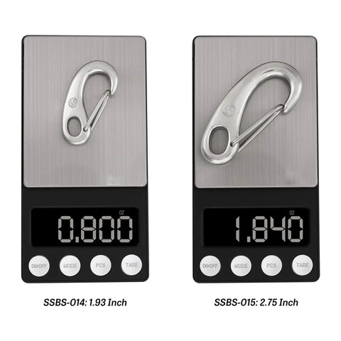 1.93 Inch Flag Clips For Rope And Marine Grade Stainless Steel Carabiners on scale showing weight comparison with larger clip
