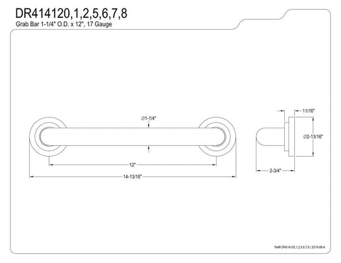 Technical drawing of 12-Inch Brass Grab Bar With 1.25-Inch Outer Diameter In Oil Rubbed Bronze, ADA Compliant 1.5-Inch Wall Clearance