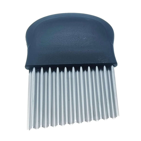 Crinkle cutter with black handle and stainless steel blade; front view for potatoes and vegetables.