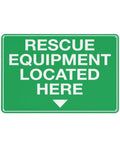"Rescue Equipment Located Here" green aluminum sign with white text for equipment storage