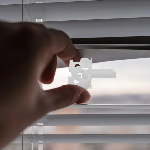 Dead Simple And Tough Vertical Blind Replacement Parts With Slick Pull Pulleys Plus Quick Fix Carrier Kits For Window Curtain Wands shown in use.