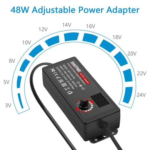 Universal AC to DC Power Adapter 3V to 24V, 2A 48W Dope Adjustable Switching Supply with voltage dial and display