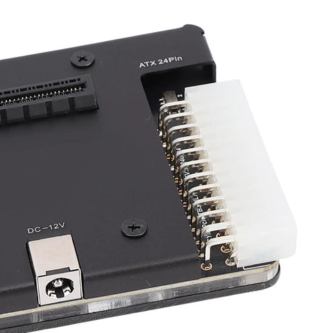 Close-up of ATX 24-pin connector on an external GPU dock featuring Thunderbolt 3 or 4 USB4 eGPU enclosure.