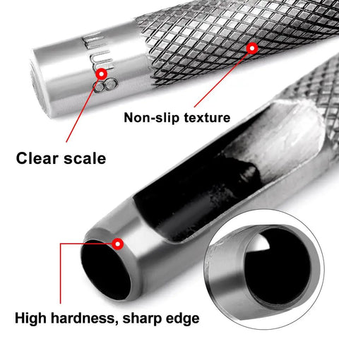 Close-up of 15 Piece Leather Hole Punch Set Round Hollow Punch Kit For Leatherworking with non-slip texture and clear scale.