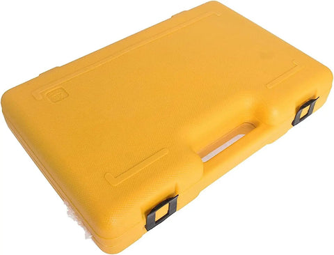 Heavy Duty Hydraulic Gear Puller With Interchangeable Jaws And Rotating Pump Head case in yellow, designed for tool protection and easy transport.