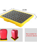 Nestable Oil Drums Tray With Leak Proof Drain And Detachable Anti Slip Platform shown with dimensions and use example