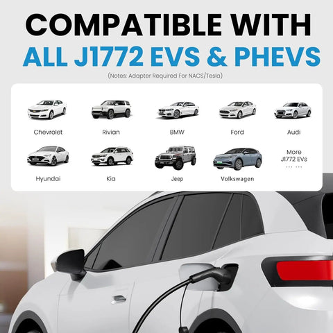 Portable Level 1 And Level 2 EV Charger With J1772 16A, Dual Voltage 120V 240V cable plugged into a white electric vehicle