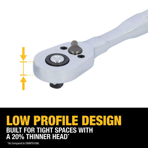 Low profile ratchet from Hella Tough 142 Piece Mechanics Tool Set With Low Profile Ratchet Designed For Tight Engine Bays.
