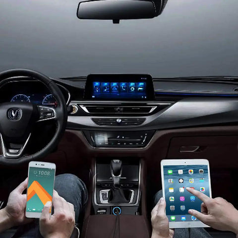 Interior of car with USB C Car Charger With 3.4A Fast Charge And 3ft Type C Cable For Galaxy S26 Ultra S25 S24 S23 S22 S21 S20 Note 20 And More, Pixel LG Stylo Moto G8 G7 5G Models Power Up On The Go, showing two devices being charged.