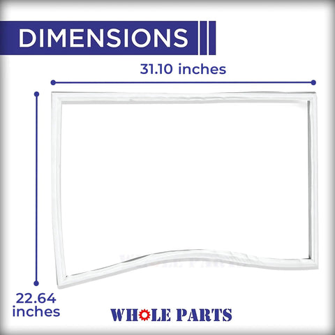 Upgraded Refrigerator Door Gasket For Freezer Door With Magnetic Strip Inside W10443315 Replacement Part Compatible With Amana Jenn Air Kenmore KitchenAid Maytag Whirlpool, shown with dimensions 31.10 inches by 22.64 inches