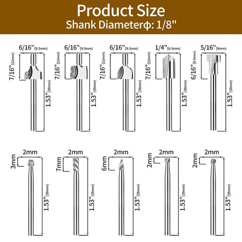Wood Carving And Router Bits Set With Carbide Engraving Bits For Dremel Compatible Rotary Tools One Eighth Inch Shank detail view
