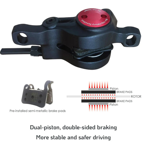 Close-up of EBike Hydraulic Disc Brake Set With Power Off Sensor caliper, showing dual-piston mechanism and pad placement.