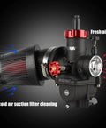 Side view of 48mm Cone Air Filter for Dirt Bikes and ATVs Universal Fit, attached to PWK carburetor, showing airflow direction.