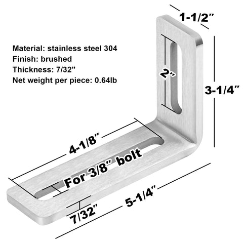 Hella Tough Industrial L Brackets 4 Pack 304 Stainless Steel With Brushed Finish, 4-1/8" size, for 3/8" bolt, 7/32" thick.