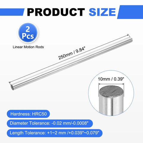 Two Pack 10mm By 250mm Pro Grade Linear Motion Rods Hardened Chrome Plated Bearing Steel HRC50 Round Guide Shaft