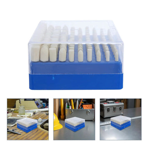 100 Piece Wool Felt Polishing Wheel Set With Steel Buffing Accessory For Delicate Precision Work and Consistent Finish On Valuable Objects In Your Rotary Buffing Kit in transparent storage box.