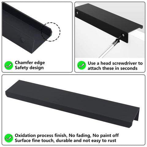 Super Sleek Matte Black Finger Edge Pulls Ten Pack Heavy Duty Cabinet Handles With Smooth Glide modern chamfer edge detail.