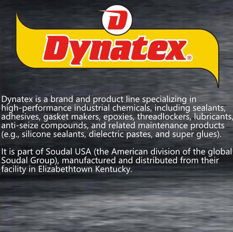 Dynatex logo with brand description highlighting high-performance industrial chemicals including sealants and adhesives.