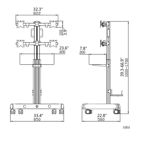 Dimensions of Quad Monitor Arm Floor Cart With Quiet Roller Wheels, height adjustable, suitable for various setups.