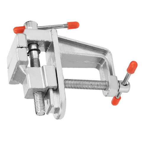 Compact Vistreck Mini Flat Pliers Vise Clamp with white aluminum, rotating base, ideal for small workshops and crafting.