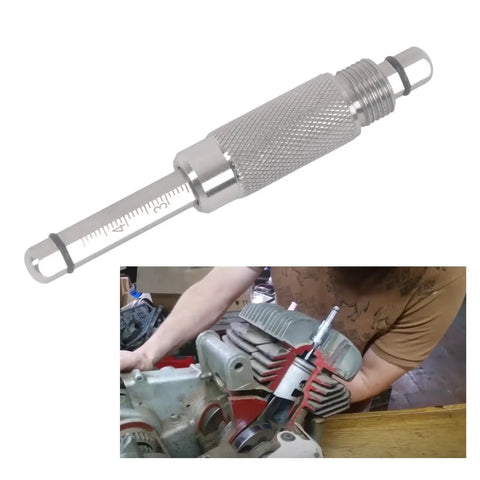 14mm Top Dead Center Timing Gauge TDC Tool for spark plug thread showing use in engine maintenance.