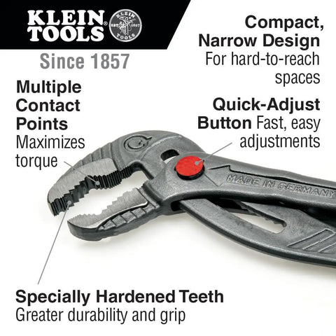 Close-up of 10 Inch Quick Adjust Tongue And Groove Pliers With Push Button Ratchet showcasing hardened teeth and compact design features.
