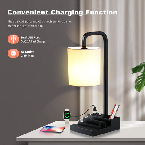 Three Way Dimmable Touch Lamp For Nightstand With USB Ports And Outlet, sleek design with linen shade and built-in phone stand.