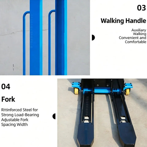 Heavy Duty Electric Portable Forklift Pallet Jack That Slides Heavy Loads Smoothly for warehouse use, blue walking handle and fork detail.
