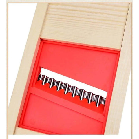 Wave Waffle Crinkle Cutter with red plastic housing and stainless steel blade for potatoes.