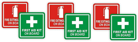 Set of six 3-inch fire extinguisher and first aid on board vinyl decals, weatherproof self-adhesive labels for boats, cars, shops, offices.