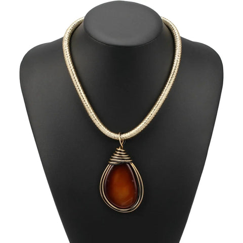 Bold Resin Stone Pendant Necklace With Long Rope Chain For Women Dope Statement Jewelry With Jeweled Metal Wire Accent Durable Wear Fashionable Costume Accessory In Rich Brown on black bust display